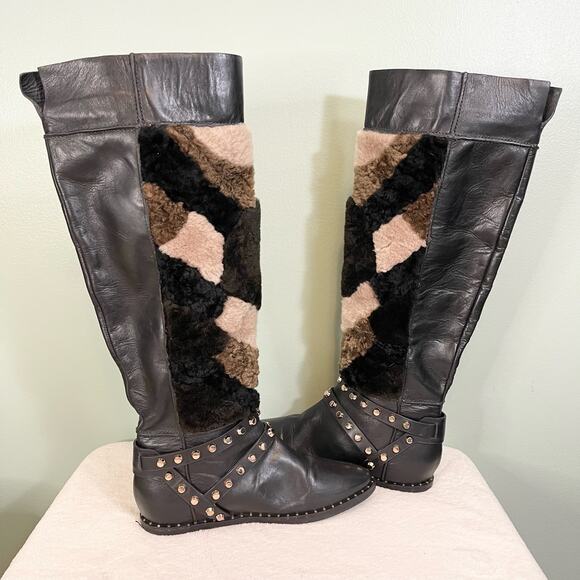 Ivy Kirzhner New York Black Leather Sheep Fur Buckle Studded Booties Size 6B - Picture 4 of 12